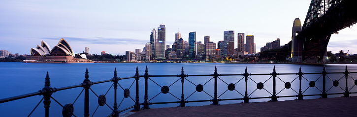 Panoramic view of the Sydney cityscape with the Sydney OPera House and Sydney Harbour Bridge in view