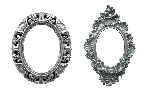 Set of silver oval vintage frame isolated on white background