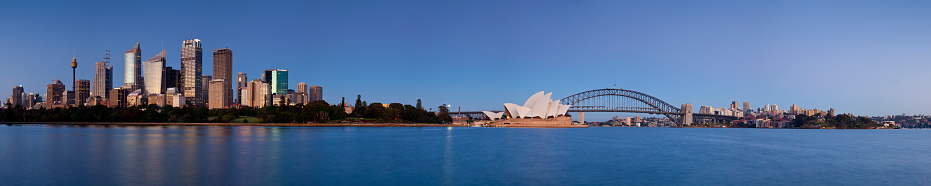Wide angle panoramic view of the Sydney city skyline in the pre dawn light of a new day.