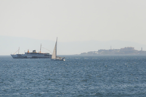 Istanbul Turkey. July 15,2023. The Marmara Sea, which is the inner sea of the Marmara region, is popular with its islands. Fascinating View of the Marmara Sea in the Hot and Misty Weather of Summer with inland transportation.