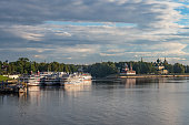 Cruise ship at the pier in the ancient Russian city of Uglich.