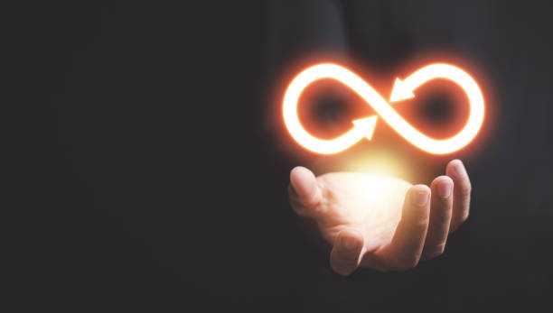 istock Circular infinity symbol in businessman's hand on dark background 1643599344