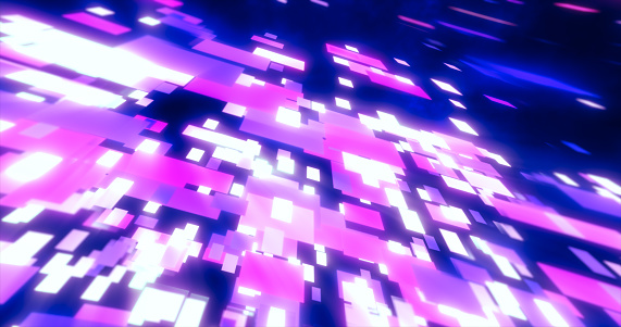 Purple and blue energy squares and rectangles particles magic glowing hi-tech futuristic abstract background.