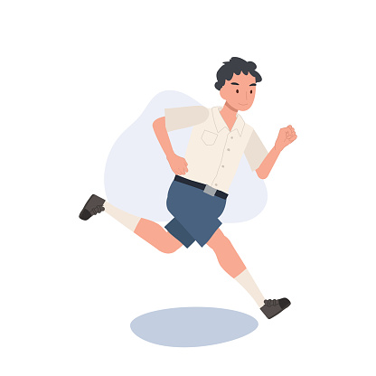 Active School Life concept. Young Thai Student boy in Uniform Running with Joy.