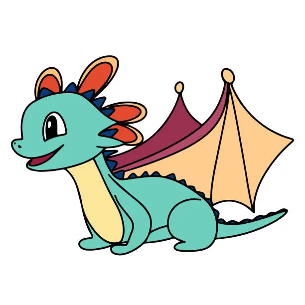 Vector illustration of Cute little dragon colored outline.