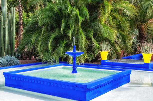 黄色と青、マジョレル庭園、マラケシュ、モロッコ - morocco majorelle gardens formal garden islam ストックフォトと画像