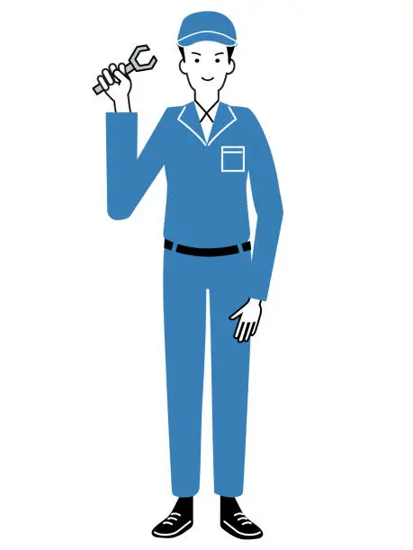 Vector illustration of Man in uniform holding a tool  - plumber,Gas engineering,Automotive maintenance,working in factories,mechanic