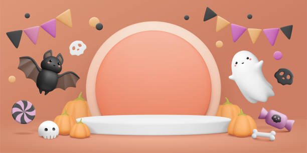 istock Halloween banner with 3d stage, bat render, cute ghost, pumpkins, candy, skull, bunting and dots. 1643656370