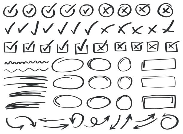 stockillustraties, clipart, cartoons en iconen met check mark icon in hand drawn style. handmade doodle vector illustration on isolated background. cross, circles, arrow mark sign business concept. - schets