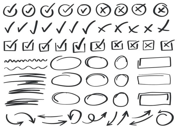 Check mark icon in hand drawn style. Handmade doodle vector illustration on isolated background. Cross, circles, arrow mark sign business concept. Check mark icon in hand drawn style. Handmade doodle vector illustration on isolated background. Cross, circles, arrow mark sign business concept. check mark graphic stock illustrations