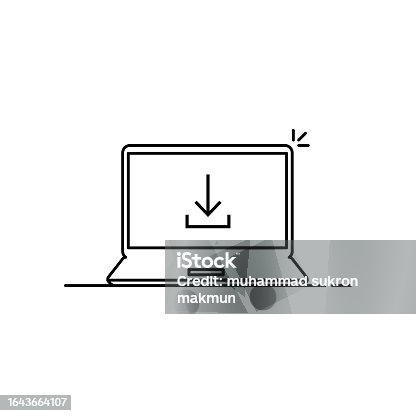 istock black download arrow in thin line laptop. linear flat style trend modern simple logotype graphic design element isolated on white background. concept of software updating or loading and torrent upload 1643664107