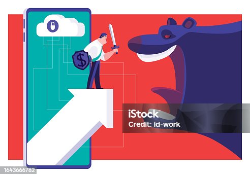 istock businessman holding sword and standing on arrow sign and meeting angry bear on smartphone 1643666782