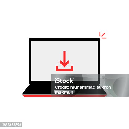 istock download arrow in red laptop on white. concept of software updating or loading and torrent upload status. cartoon minimal flat style trend modern simple logotype graphic design element 1643666796