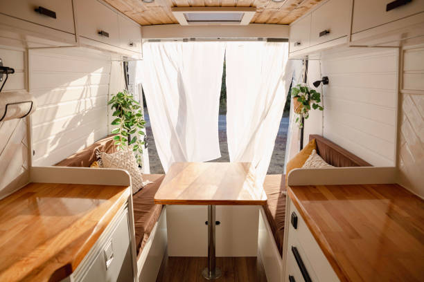 istock Interior of a Nordic-style handcrafted campervan at sunset 1643671545