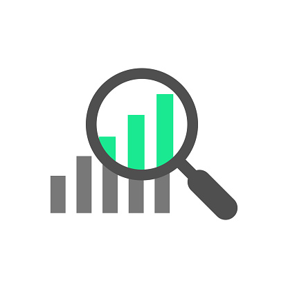 magnifier and graph icon with shadow. vector illustration