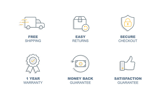 E-commerce Confidence Icons: Free shipping, easy returns, money-back guarantee, satisfaction guarantee, secure checkout, and warranty