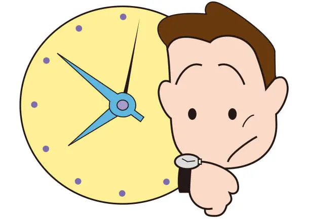 Vector illustration of A middle-aged man who cares about the time by looking at his watch