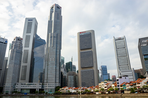 Central Business District, Singapore - October 8, 2018 : View Of Skyscrapers And Row Of Old Houses In Singapore Central Business District.