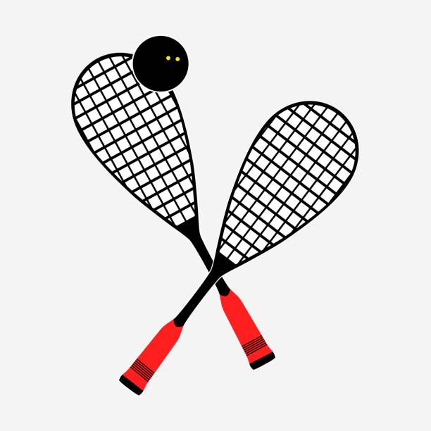 두 개의 라켓과 스쿼시 볼. 교차 스쿼시 라켓 아이콘입니다. 간단한 그림. - squash racketball sport exercising stock illustrations