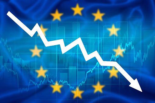 declining economic performance of euro area. down arrow and euro symbol on European Union flag. economic depression, economic recession