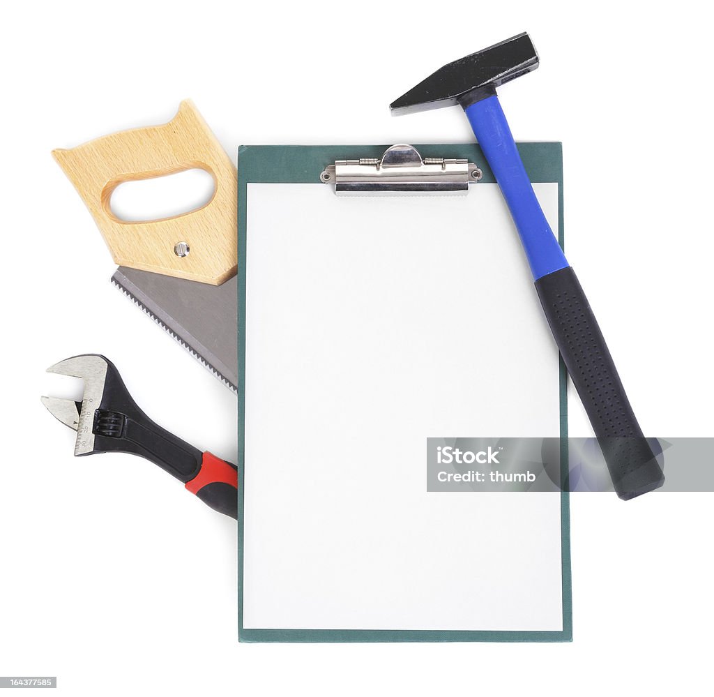 Strumenti di lavoro e appunti su bianco - Foto stock royalty-free di Attrezzatura