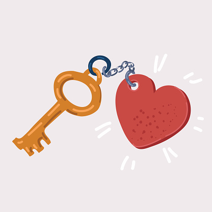 Cartoon vector illustration of Gold keychain with heart symbol. Key. The idea of Valentine's Day.