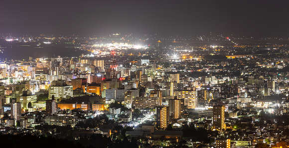 A high-angle view over Morioka City at night.