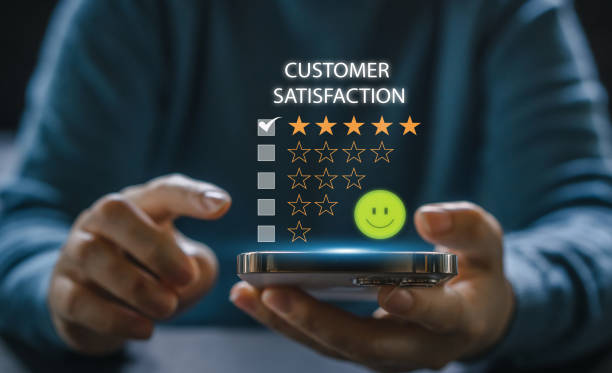 istock Human use phone showing give feedback icon satisfaction survey, five star, customer, satisfaction, review, feedback, top service excellent, Quality assurance 5 star, positive, customer service 1643814724