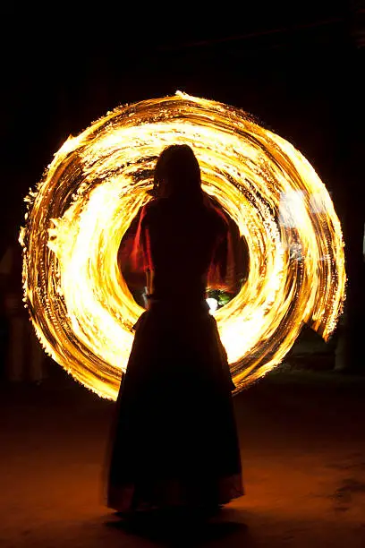 Man performing fire dance in fire dance program.