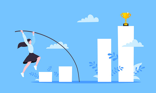 Businesswoman jumps pole vault flat style design vector illustration business concept. Business growth and goal achievement concept.