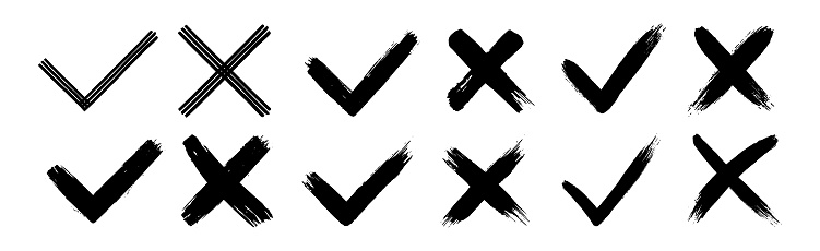 Dirty grunge hand drawn with brush strokes cross X and tick OK check marks V vector illustration set isolated on white background. Check mark symbol NO and YES buttons for vote in the box, web, etc