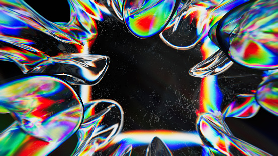 Abstract background Organic Form - 3d rendered image of glass structure, optical technology, nano electrical wave, dispersion colorful rainbow.  Organic shapes and form.  Science fiction or organic technology concept.