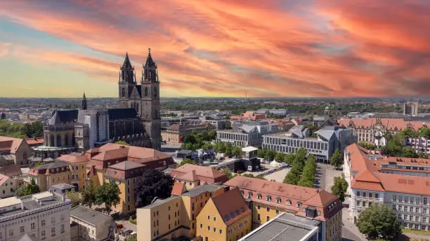 view of the city in magdeburg at sunset