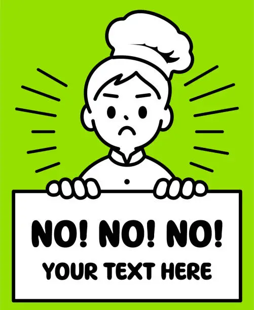 Vector illustration of A chef boy holding a blank sign says No, looking at the viewer, minimalist style, black and white outline