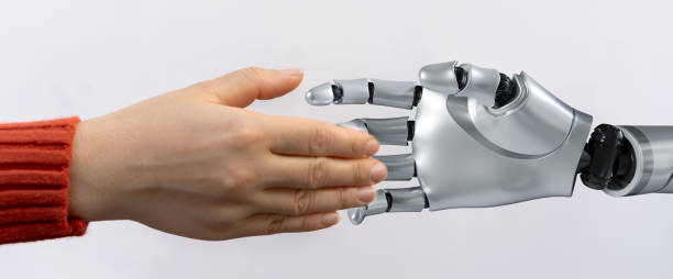 istock Concept of Artificial intelligence, AI robot, human, idea, development, think, futuristic technology transformation, science, robotic hand, connection with human hand and robot technology development 1643854601
