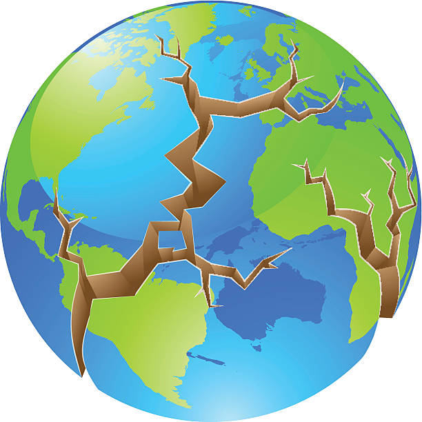 World crisis concept Conceptual illustration of a world crisis concept. The globe with big cracks opening up round it, could a concept for environmental problems or similar. Vector file is eps 10 and uses transparency blends and gradient mesh. The source of the map used for reference: https://www.cia.gov/library/publications/the-world-factbook/maps/refmap_time_zones.html earth breaking stock illustrations