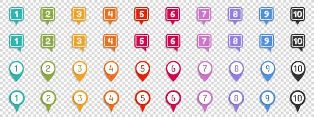 Vector illustration of Button Map Pointer Set With Number Bullet Point From 1 To 10 - Vector Illustration Isolated On Transparent Background