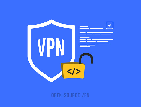 Secure Networking with Open-Source VPN for Businesses and Individuals. Open source virtual private network. Data Encryption Software Provider. Vector isolated illustration on blue background with icon