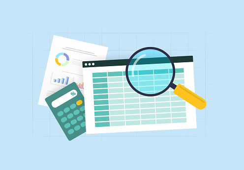 Professional Accounting and Finance Audit. Calculating Budget, Profit, Loss, Generating Reports and Graphs. Business Accountants with Tools. Vector isolated illustration on blue background with icons.
