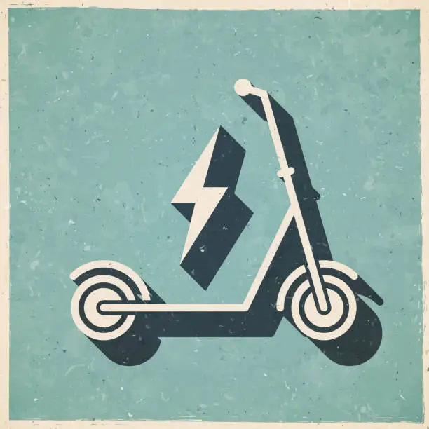 Vector illustration of Electric scooter in charge. Icon in retro vintage style - Old textured paper