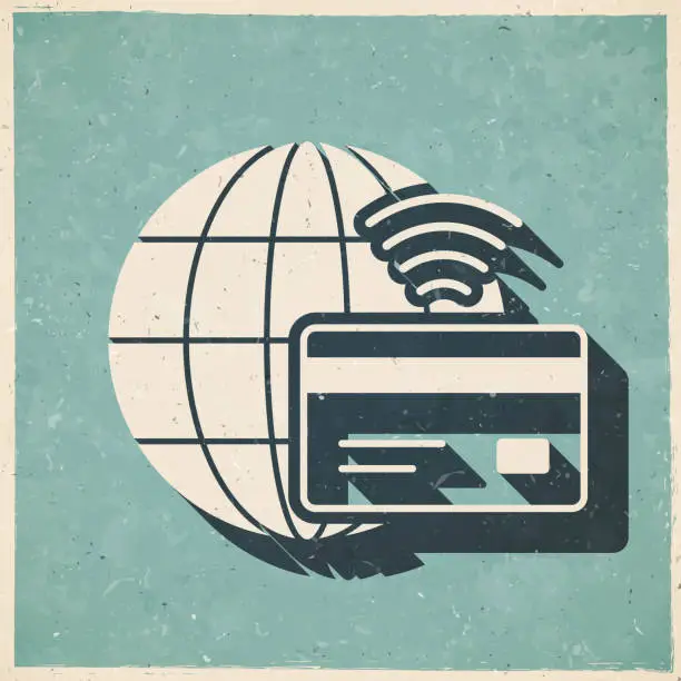 Vector illustration of Worldwide contactless payment. Icon in retro vintage style - Old textured paper
