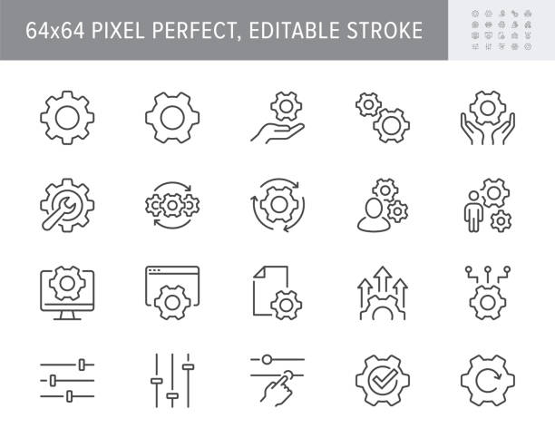 Settings line icons. Vector illustration include icon - cogwheel, repair, spanner, config, automation process, service, outline pictogram for system maintenance. 64x64 Pixel Perfect, Editable Stroke Settings line icons. Vector illustration include icon - cogwheel, repair, spanner, config, automation process, service, outline pictogram for system maintenance. 64x64 Pixel Perfect, Editable Stroke. computer settings screen stock illustrations