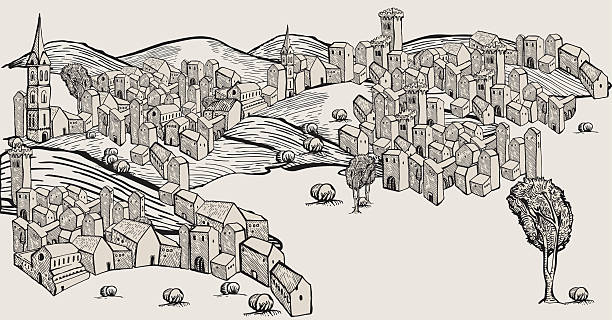 istock Illustrated drawing of a rural settlement  164389695