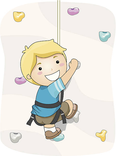 Cartoon of blonde boy climbing a wall vector art illustration