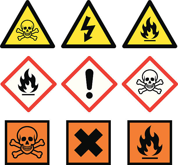 ilustraciones, imágenes clip art, dibujos animados e iconos de stock de señales de peligro - toxic substance danger warning sign fire