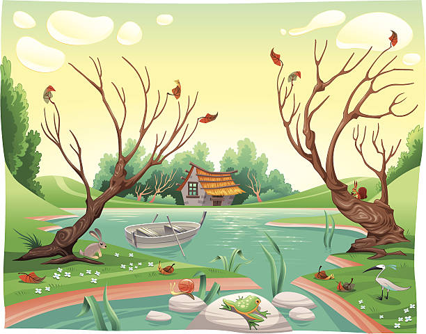 teich und tier - baumwollschwanzkaninchen stock-grafiken, -clipart, -cartoons und -symbole