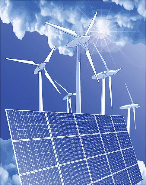 Vector illustration of windmills, solar panels & blue sky