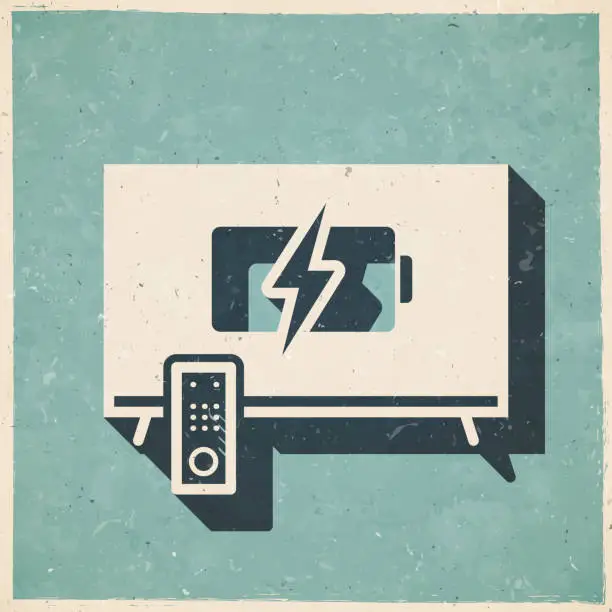 Vector illustration of TV with battery charge symbol. Icon in retro vintage style - Old textured paper