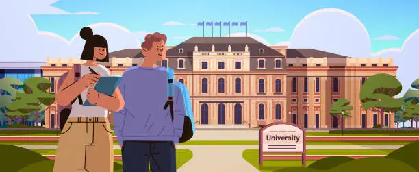 Vector illustration of students couple walking at campus yard education concept people standing in front of university building