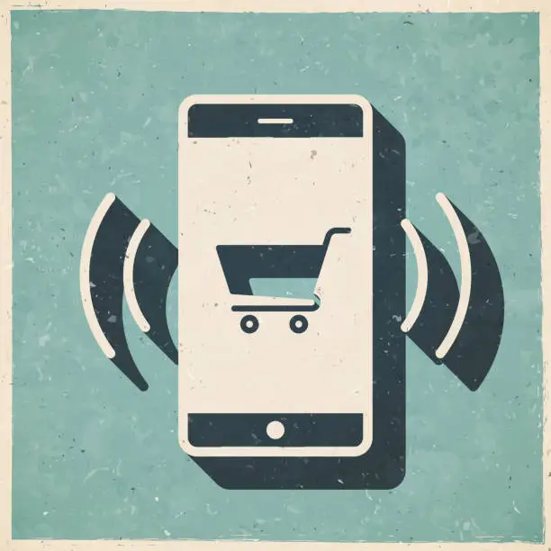 Vector illustration of Online shopping with smartphone. Icon in retro vintage style - Old textured paper